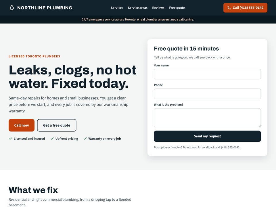 Homepage of Northline Plumbing, a demo website for a Toronto plumber